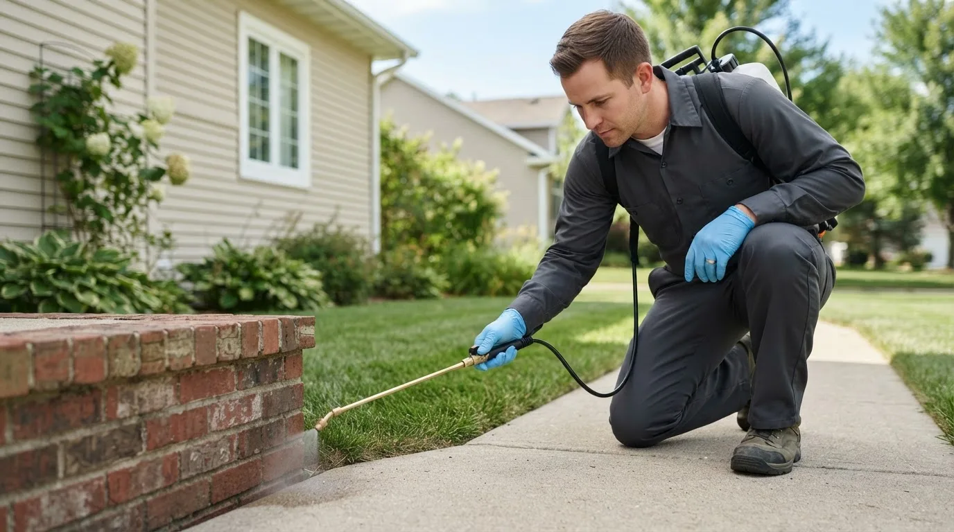 Pest control technician treating a home near Breinigsville, PA