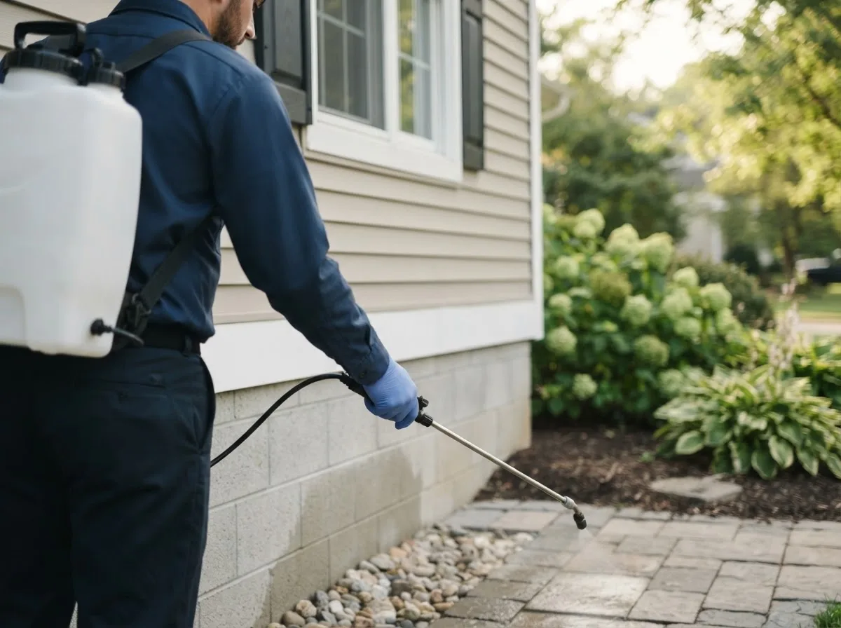 Pest control technician inspecting a home in Breinigsville, PA